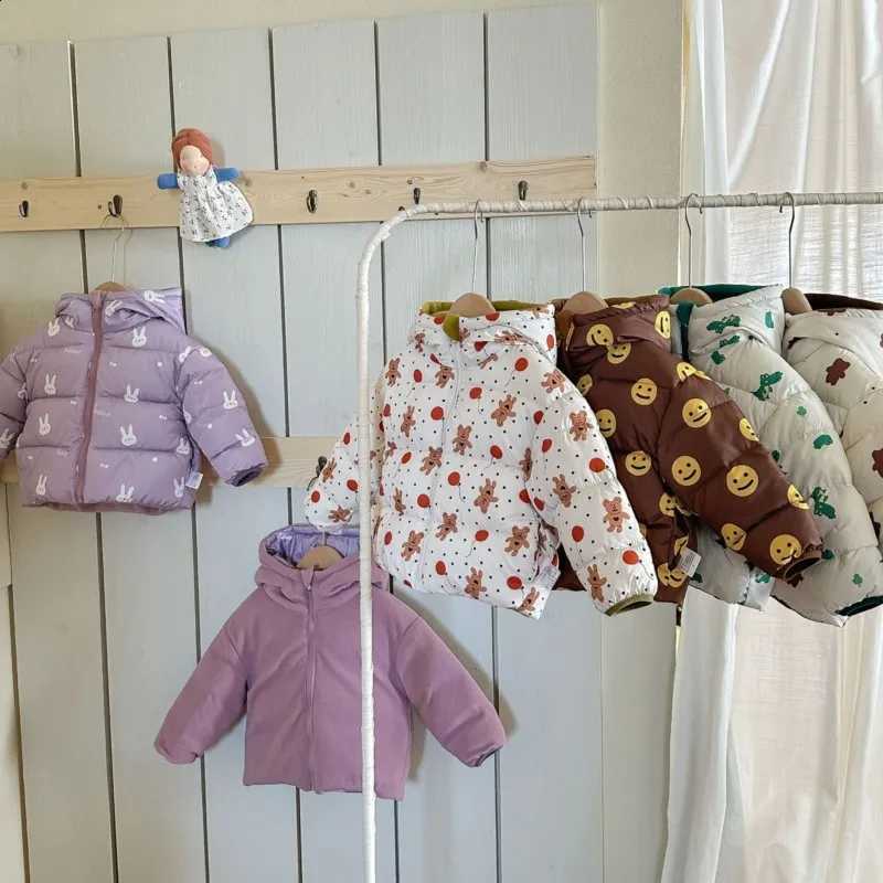 Coat Double Sided Kids Winter 2025 New Little Bear Print Thicken Warm Padded Jacket Fleece Lined Hooded Outerwear for Boys Girls J260917