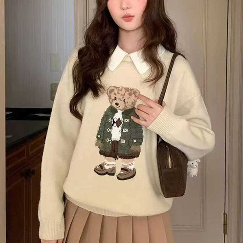 Korean Fashion Classic Bear Sweater Loose Winter Autumn Long Sleeve Gray Tops Cute Cartoon Jacquard Sweater Pullover Harajuku X260916