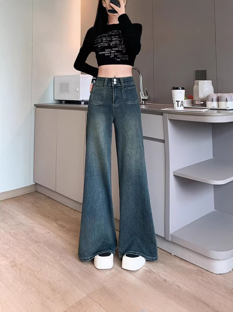 New design straight-leg wide-leg jeans for women, slimming, loose fit, hip-covering, flared, floor-length, solid color, trendy 3d