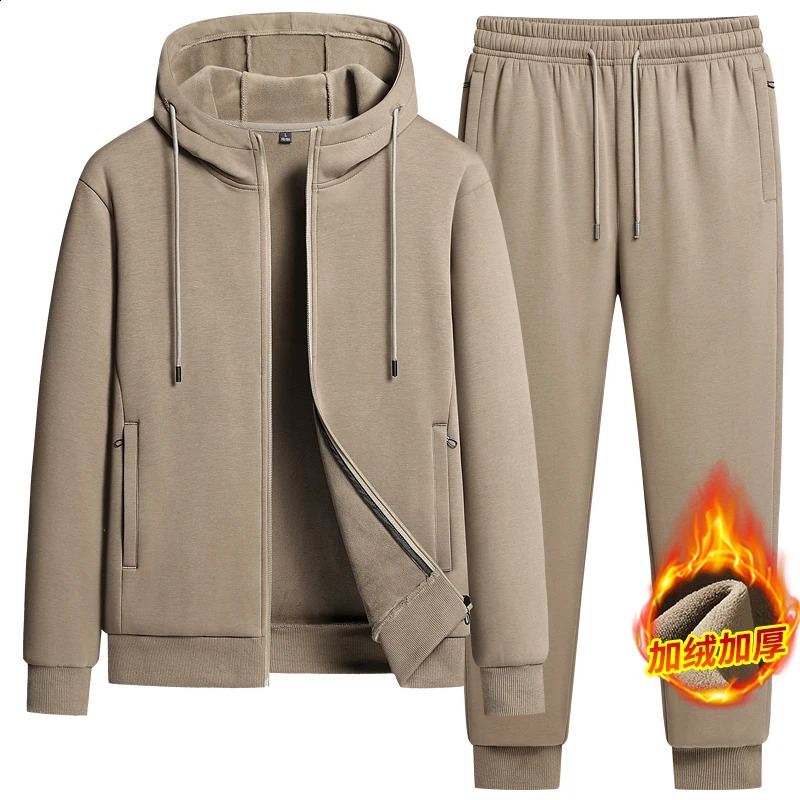 Men's Hooded Sweatshirts Pants Suits Male Warm Winter Fleece Sportwear Zipper Coat Warm Sports Sets Thick Hoodies Tracksuit 260917