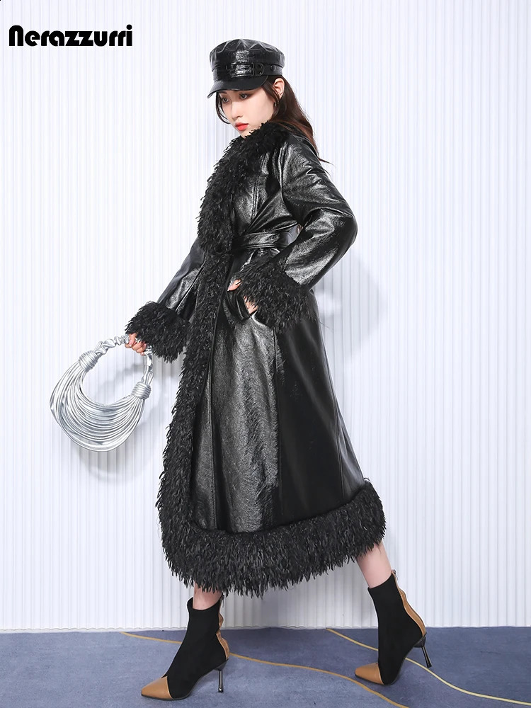 Nerazzurri Autumn Winter Long Loose Black Quilted Warm Soft Pu Leather Coat Women with Faux Fur Trim Sashes European Fashion 260917