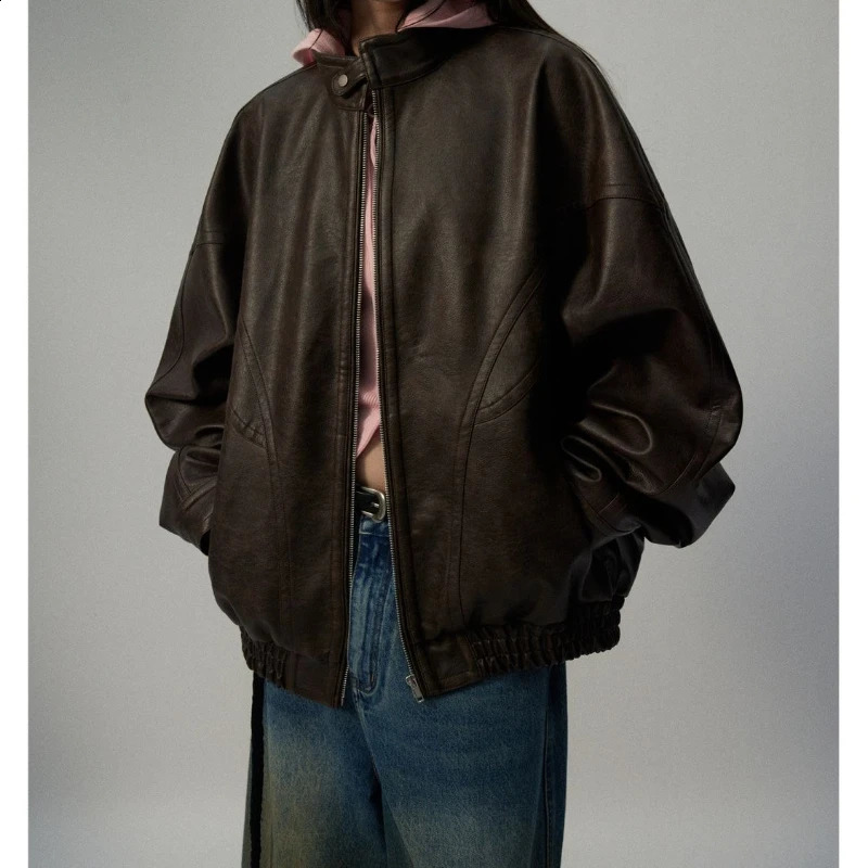 Vintage Water-washed Distressed Neutral Style Stand-up Collar Loose Fit Bomber Jacket 260916