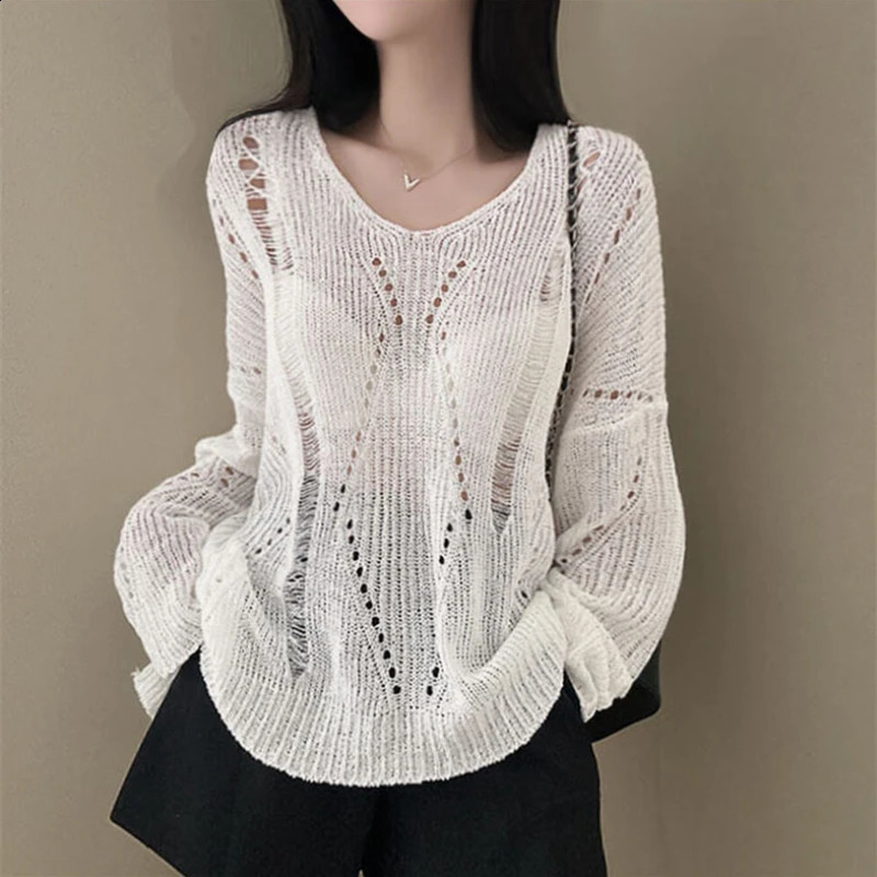 Distressed Sweater Women Pullover Drop Shoulder Openwork Knit Plain Jumper Summer Cover Up Tops Teengirl Y2K Grunge Outfit 260917