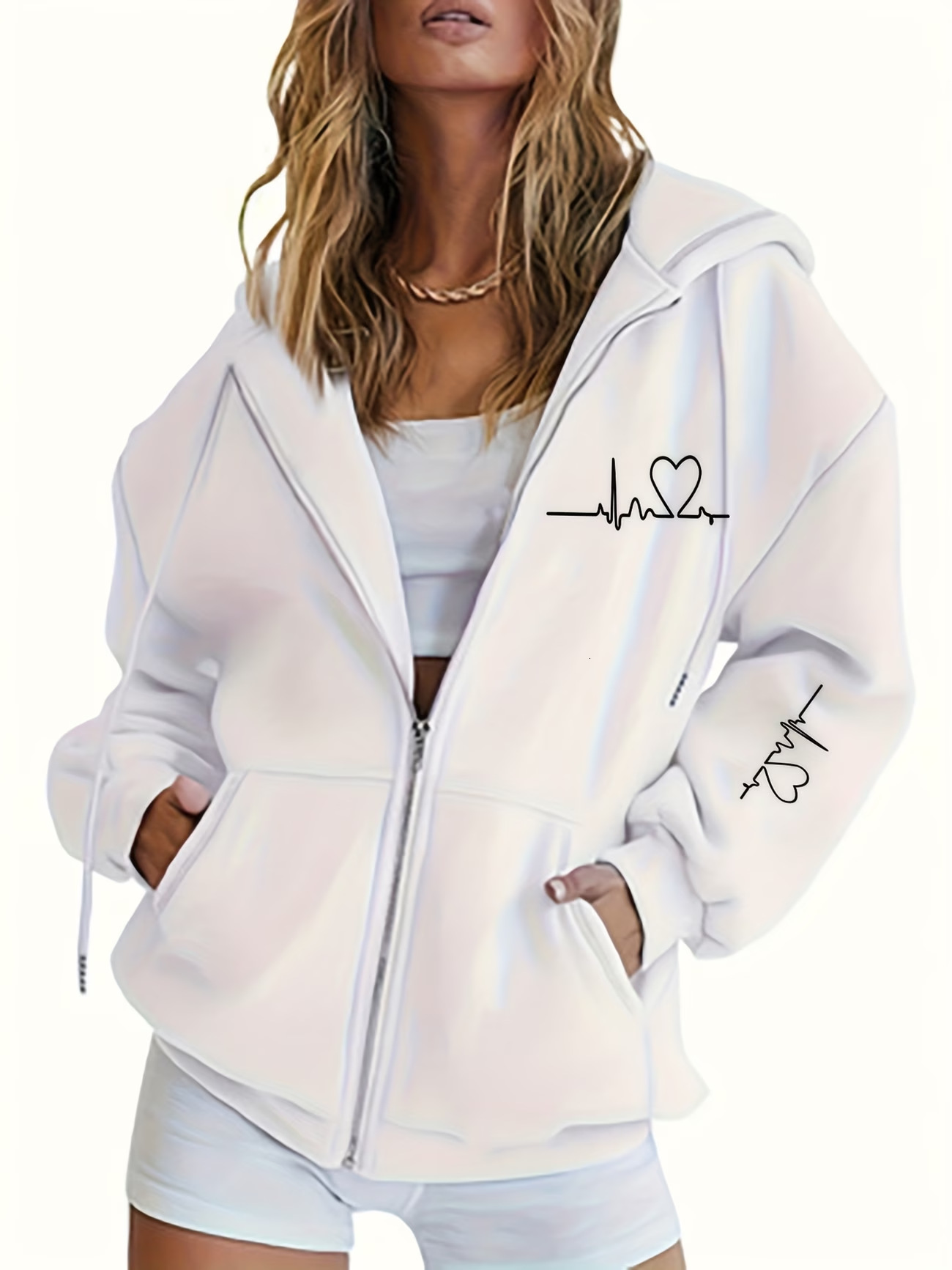 Designer European and American fashion heart print long-sleeve loose casual hoodie with zipper sports jacket