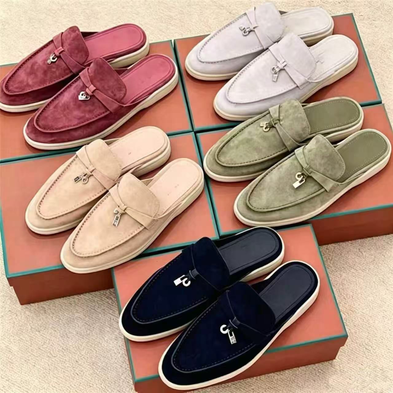 Luxury Designer Men Women Suede Tassel Loafers Mules Slip On Flat Luxury Metal Lock Decor Casual Backless Slippers Ladies Comfort Daily Walking Shoe