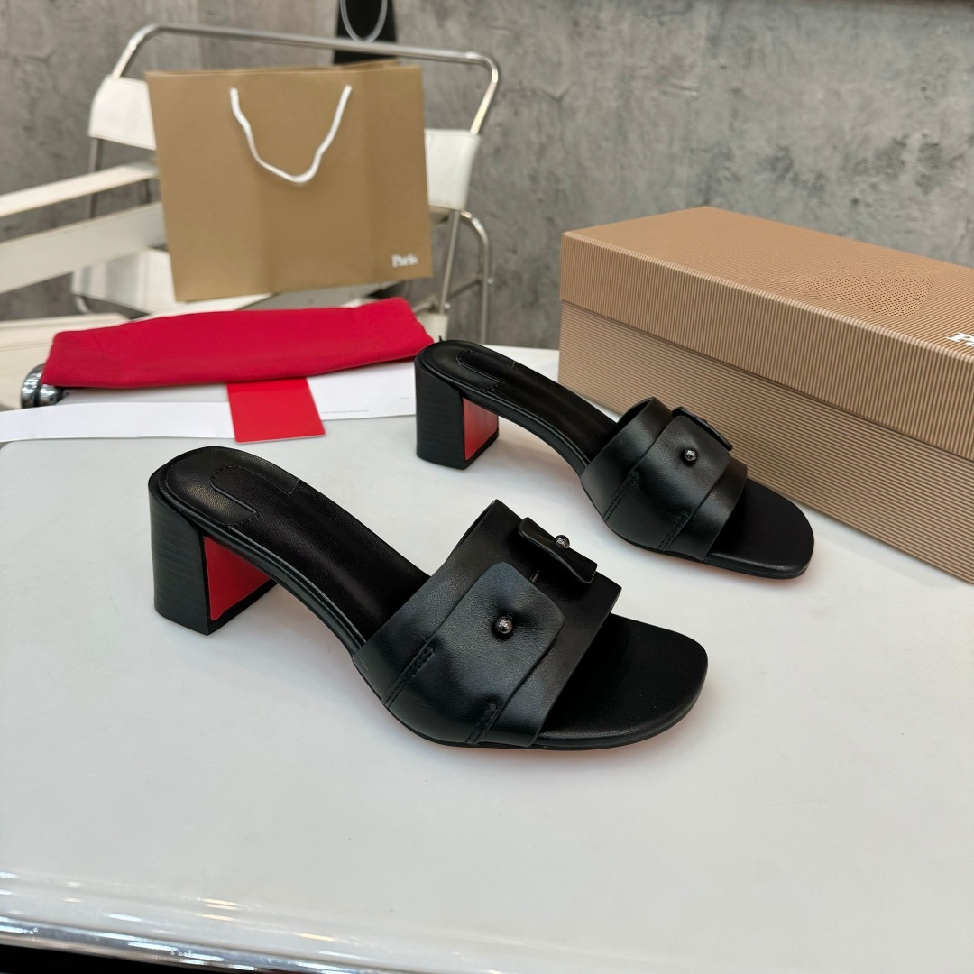 Luxury Designer Women Sandals Red Bottom Black Leather Chunky Heels Open Toe Mules loafers Slip On Summer Slides Casual Dress Shoes lady Party wedge
