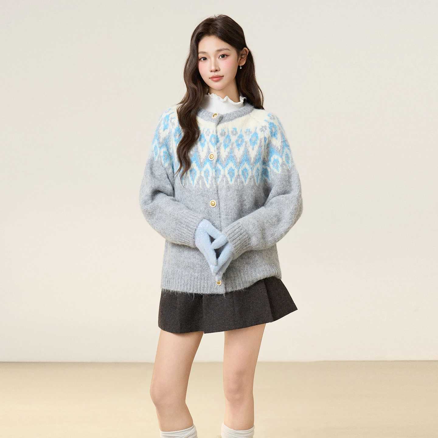 Lazy Wind Fel Jacquard Contrast Round Neck Sweater Women's Autumn and Winter Loose Knitted Cardigan Top S260917C4AH