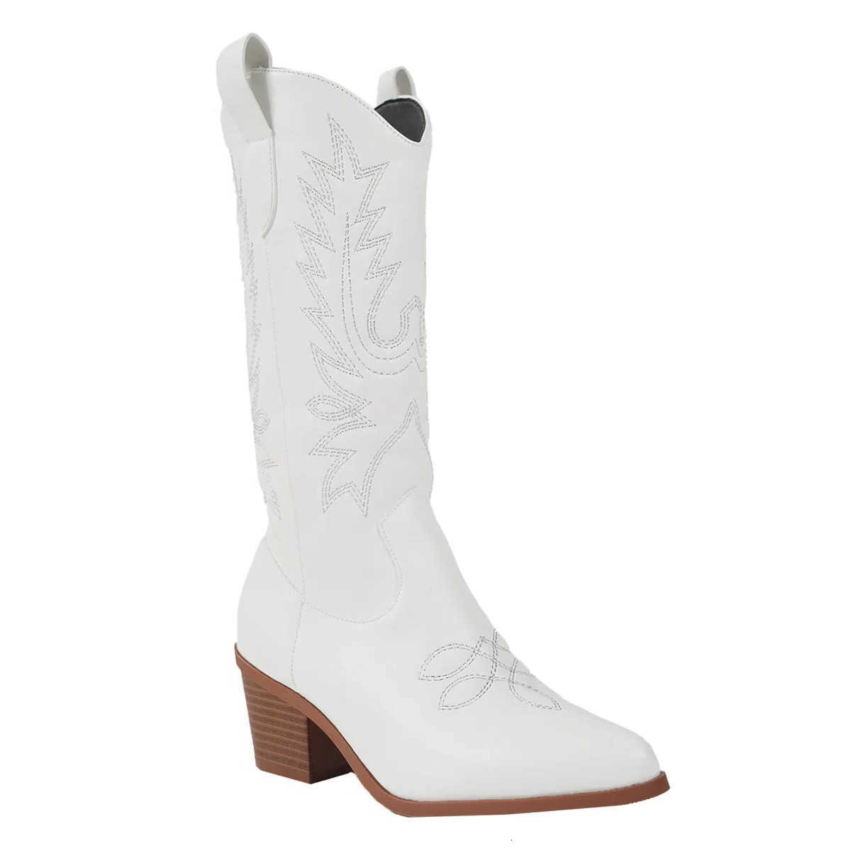 Women Boots for Mid-Calf Boot Autumn Winter Trend SlipEmbroidered Western Cow Boots Vintage Style White High Heels Boots D260917