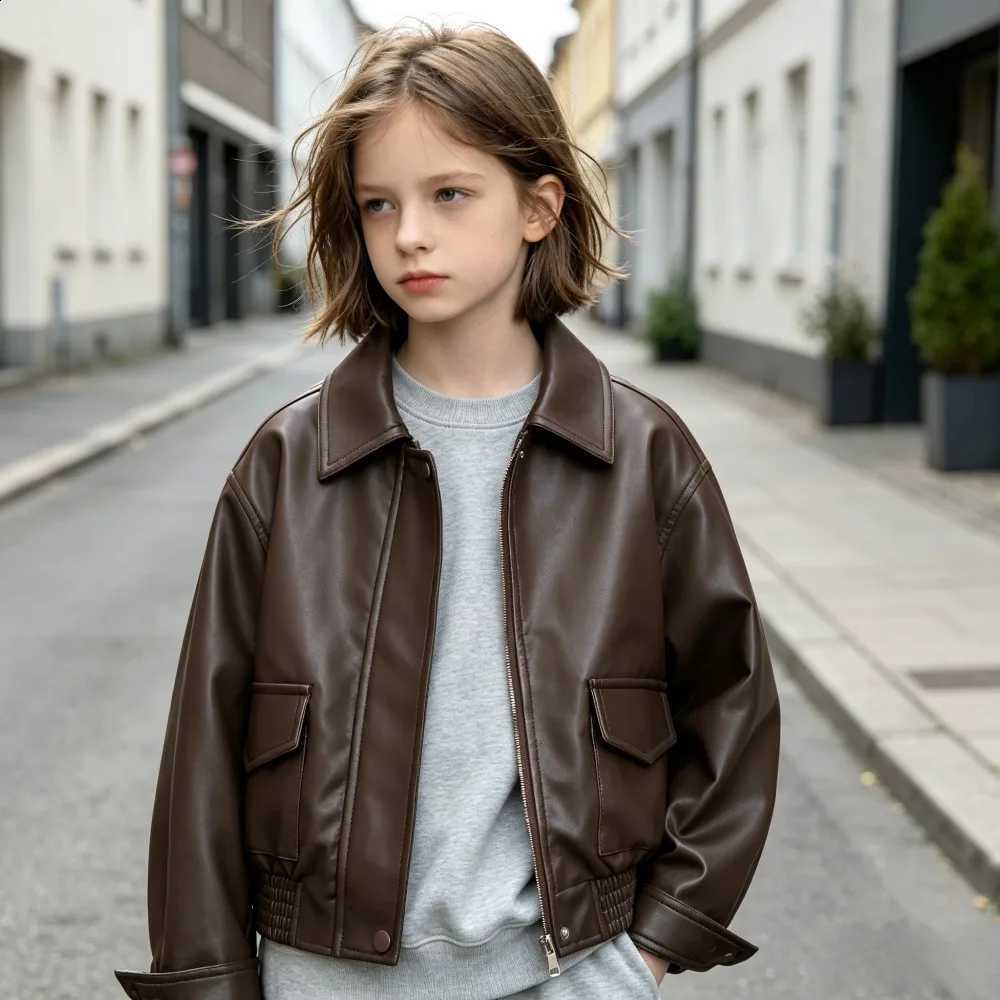 Leather Jacket Girls PU Fashion Casual Windproof Teenage Kids Coats 2026 Autumn Brown Biker Chic Trendy Outerwear 12 13 14 YearsT260916