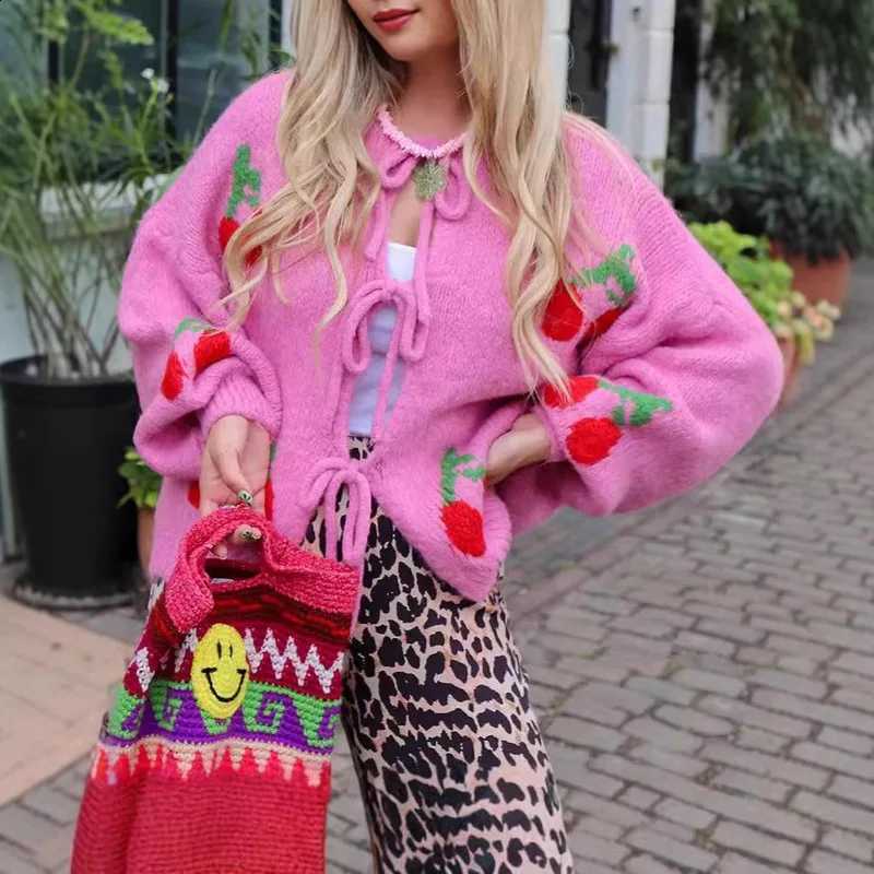 Cherry Jacquard Knitted Cardigan Jacket For Women 2025 Trendy Streetwear Lace-up Sweaters Coats X260916