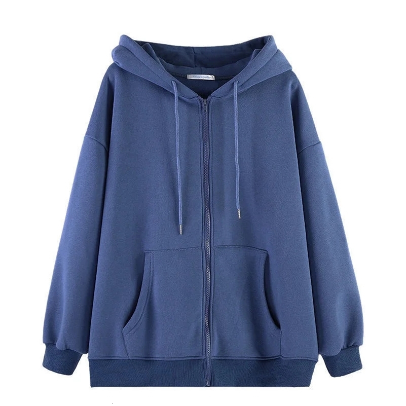 Loose Women Hoodies Casual Solid Zip Up Hooded Sweatshirt Harajuku Korean Loose Couple Hoodie Jacket Coat Streetwear260915ww