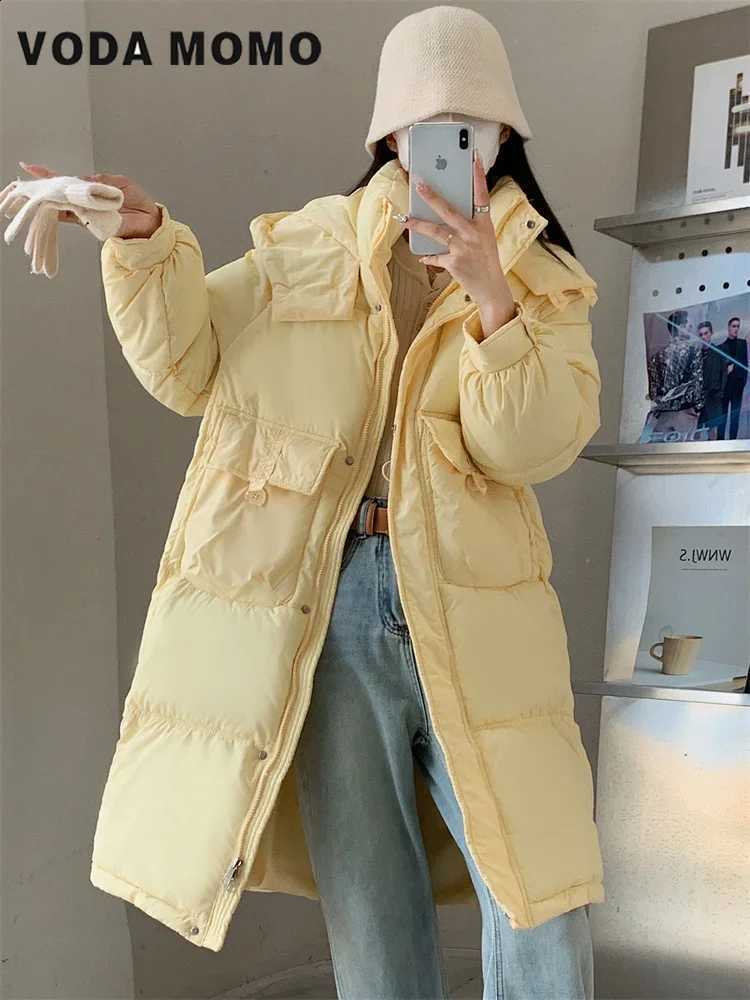 Winter Loose Casual Fashion Pocket Fashion Pure Color Women Parkas Long Down Coat Solid Hooded Thick Warm Female Parkas Basic H260917