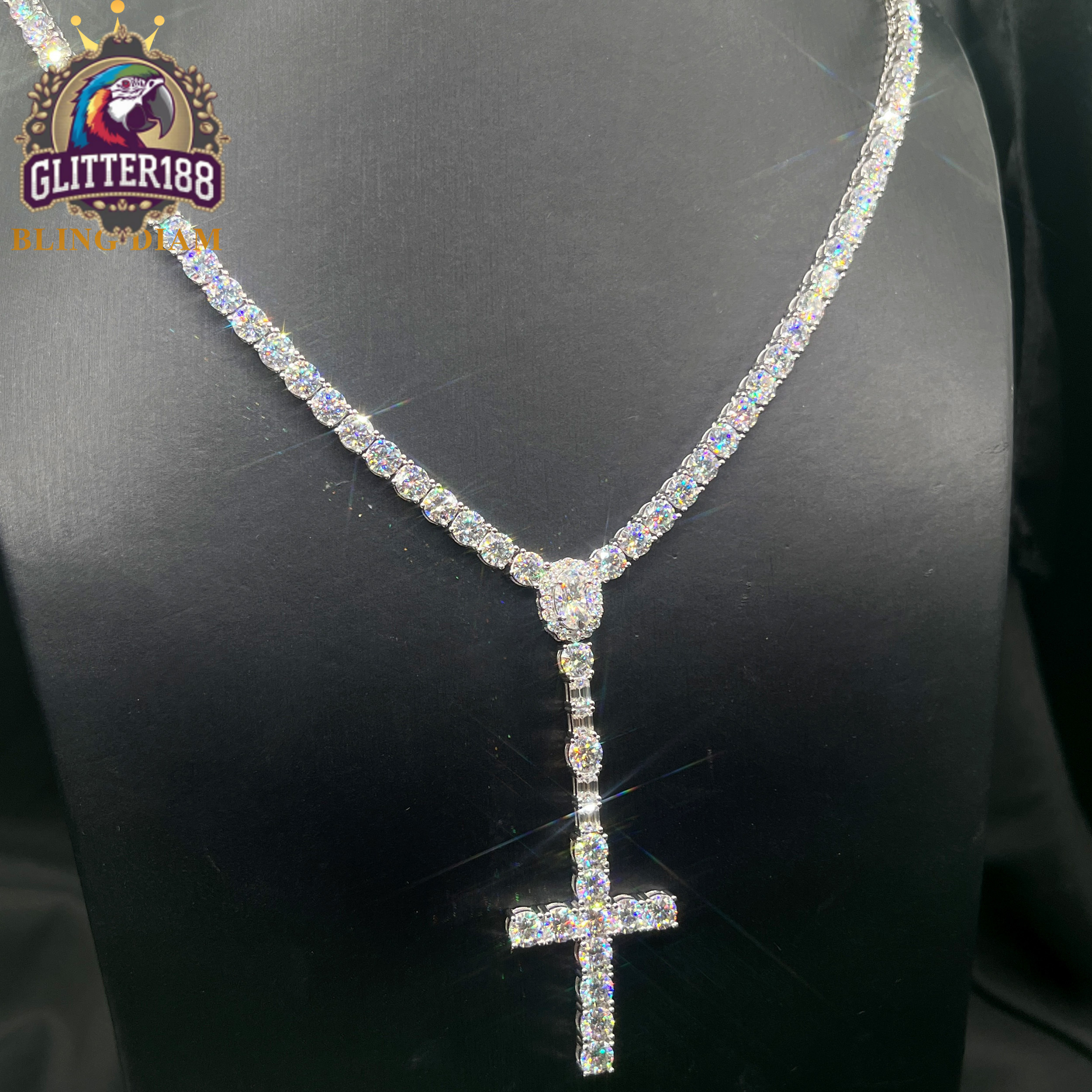 New Design Iced Out VVS Moissanite Tennis Chain Sterling 925 Silver 5mm Tennis Link Chain Necklace Cross Pendant Set Jewelry