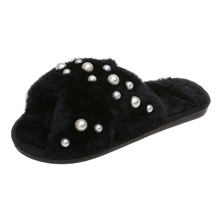 Pearl Cross Fluffy Slippers Women, Flat Indoor House Slides Faux Fur Lined, Candy Color Open Toe Bedroom Shoes, Wholesale Bulk
