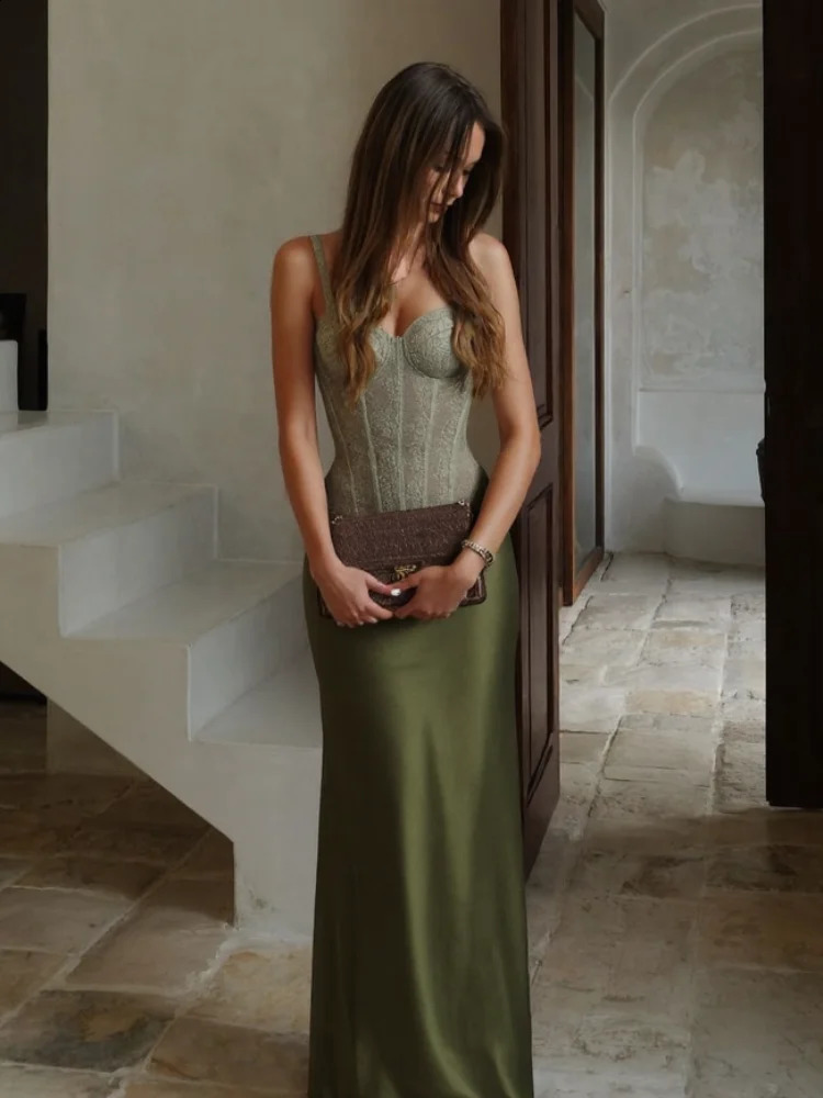 Elegant Green Skirt Set For Women Chic Fishbone Sleeveless Backless Lace Up Vest Satin Long Lady Evening Party Outfit 260916