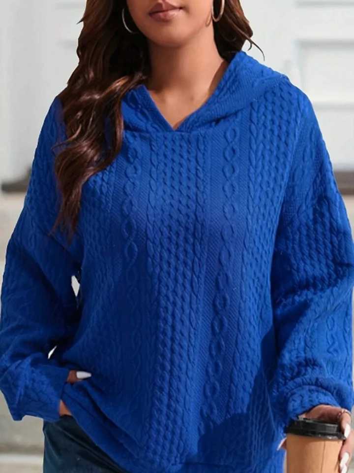 Plus Size Royal Blue Cable Knit Hoodie for Women Twist Textured Knitted Drop Shoulder Long Slve Oversized Curvy Pullover Fall S260917MRXT