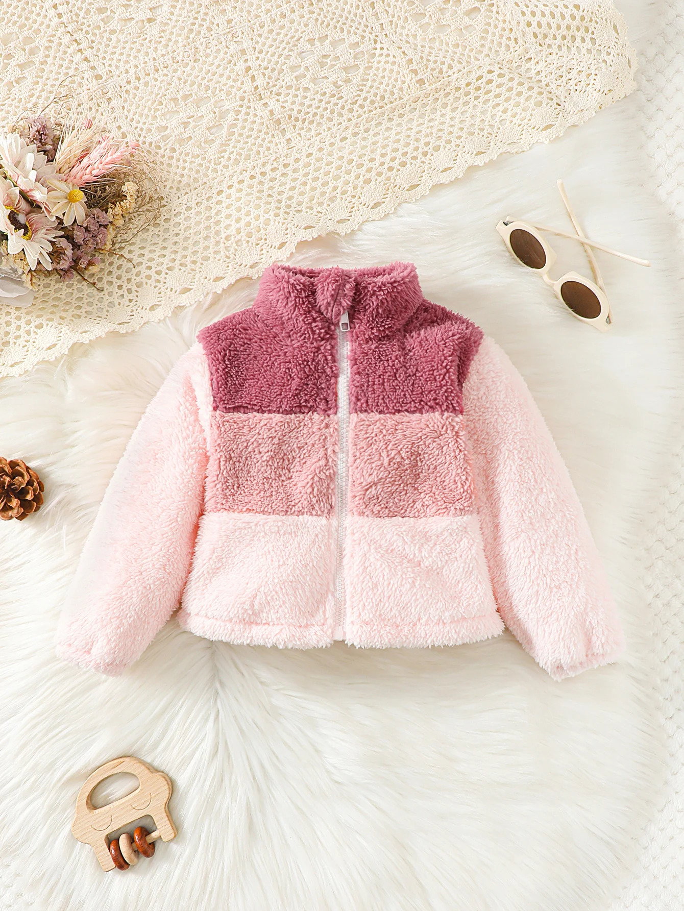 2-8 Years Kids Girl Plush Overcoat Long Sleeves Lapel Zippered Coat for Winter Outdoor Wear Fashion Color Blocking Warm Top260916