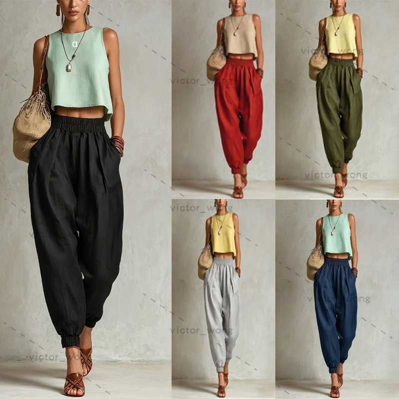 PP8005 Designer Women 2 Piece Outfit Sleeveless Crop Tank Top Elastic High Waist Harem Pants Casual Summer Matching Set