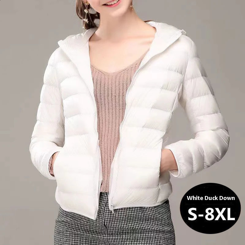 8XL Women White Duck Down Jackets 6XL 5XL Female Ultra Light Duck Down Coats Autumn Winter Warm Hooded Hiking Outwear Portable 260917