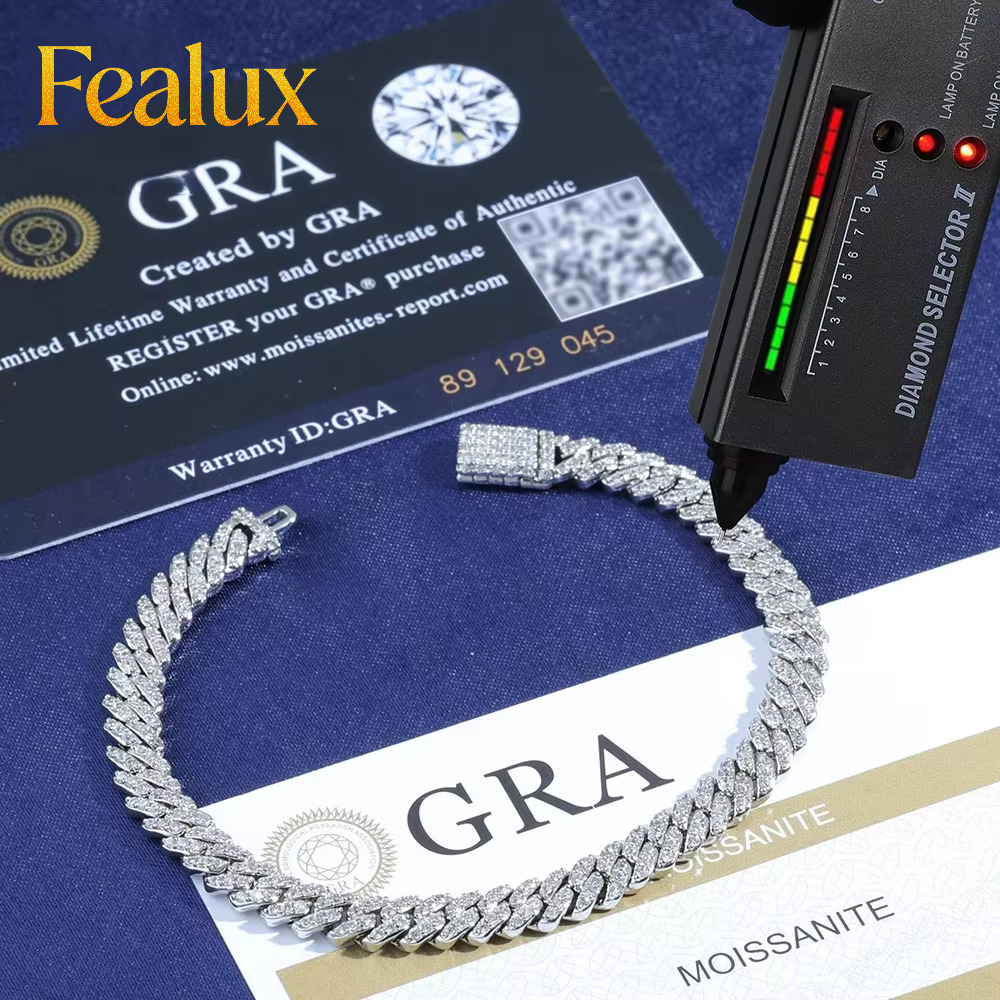Fealux Hight Quality VVS Moissanite Cuban Link Men Hip Hop Jewelry White Gold 925 Silver Cuban Chain Necklace for Women Gift