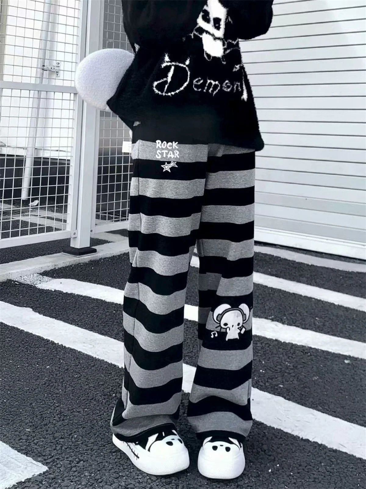 2026 Punk Anime Printed Striped Pants Women Harajuku Y2k Straight Casual Long Trousers Autumn Vintage Gothic Streetwear 260917