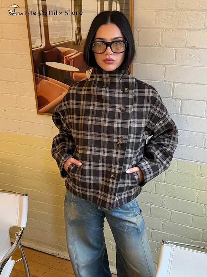 Woolen Retro Plaid Coats Women's Full Sleeves Single-breasted Pockets Stand Collar Jackets 2026 New Ladies Autumn Winter Outwear C260917