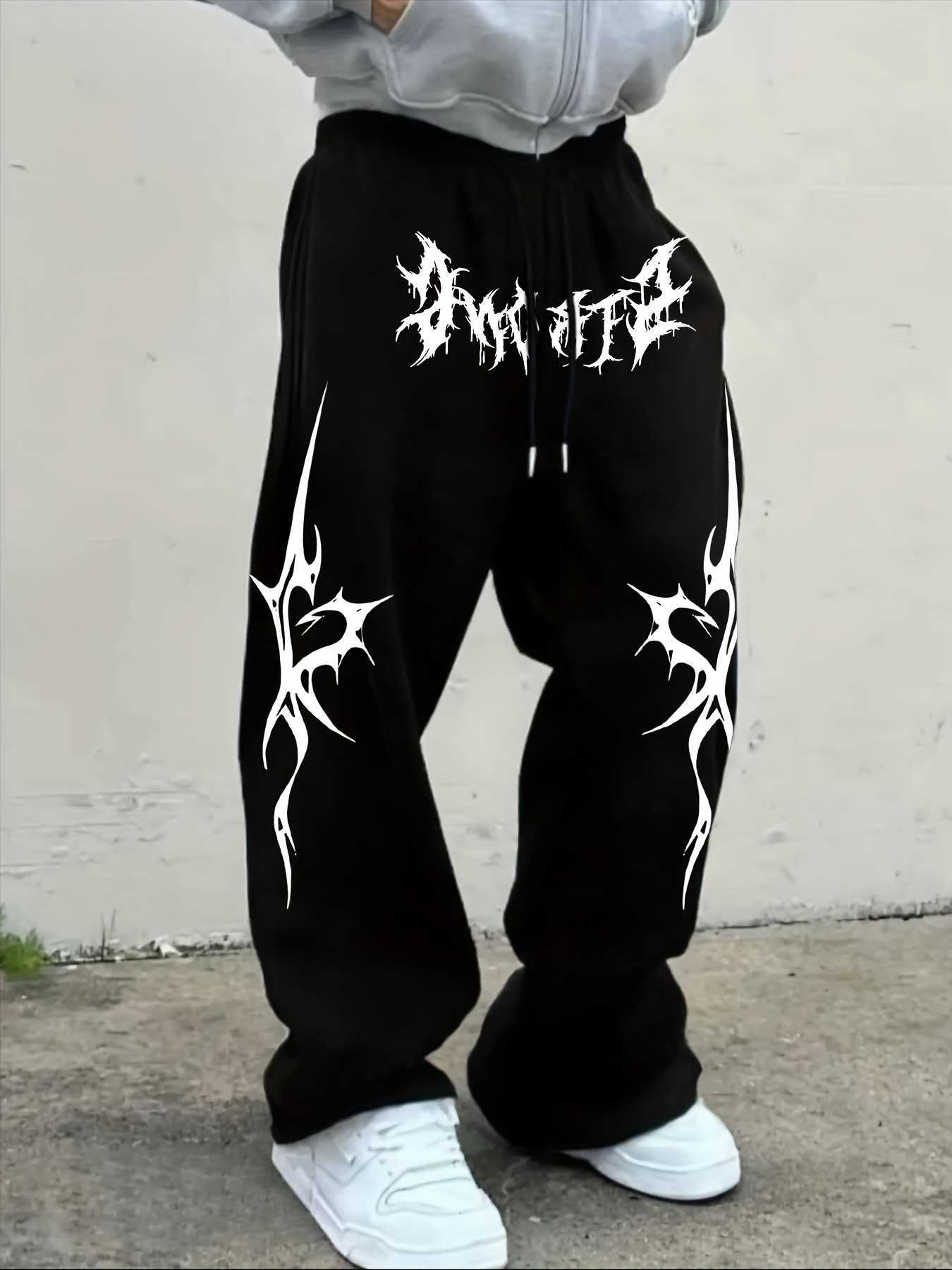 New Gothic 2026 Y2K Men StraightLeg Pants Spiky Tribal Letter Side Print Waist Drawstring HipHop Street Casual Sweat TrousersT260917