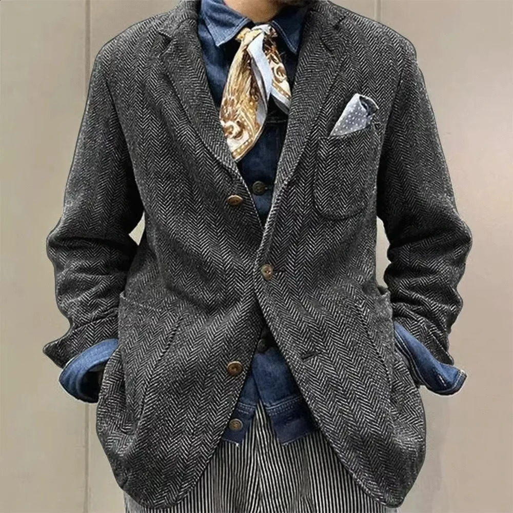 2026 Autumn Retro Commuting Casual Top Men Single Breasted Dark Grey Herringbone Pattern Suit Jacket For Men 260916