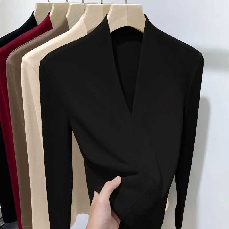 Autumn Winter New T-Shirts Women Solid V-Neck Plus Velvet Thicken Warm Fashion Long Sleeve Slim Pullovers Bottoming Shirt Tops H2609161