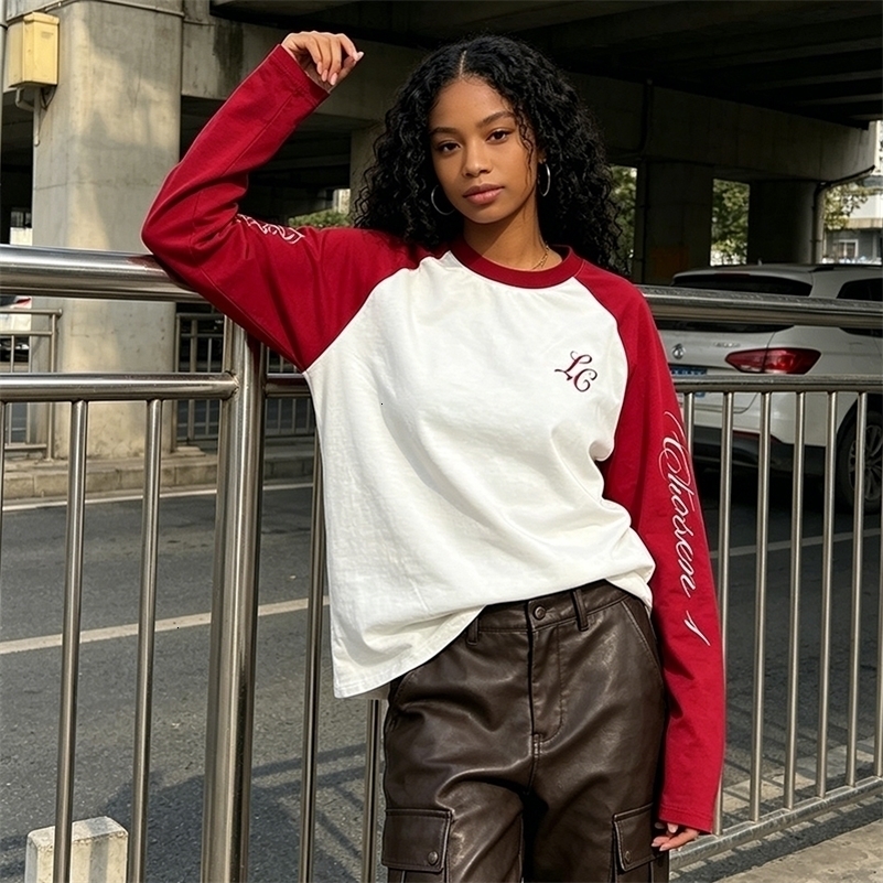 Fashion Color Matching Shoulder Long Sleeved O Neck Tshirt American Casual Loose Letter Printed Pullover Hip Hop Harajuku Tops aa260916