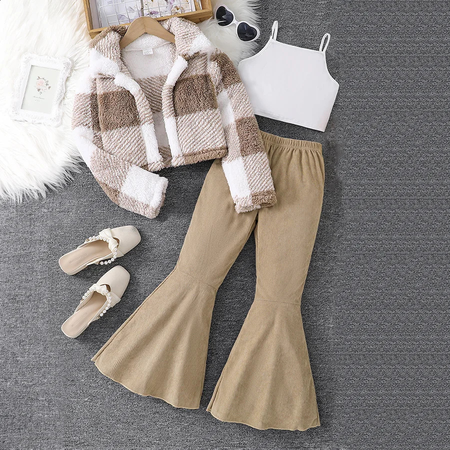 Autumn and winter girls' clothing 3-piece set with stand-up collar and down jacket solid color vest casual long pants set260916