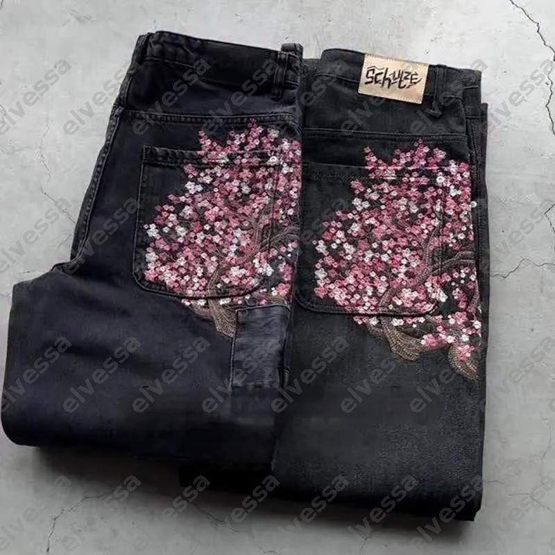 Unisex Derschutze Patchwork Plum Blossom Embroidery Denim Pants Y2k Vintage Women Baggy Straight Mens Clothes Wide Legs Jeans Street