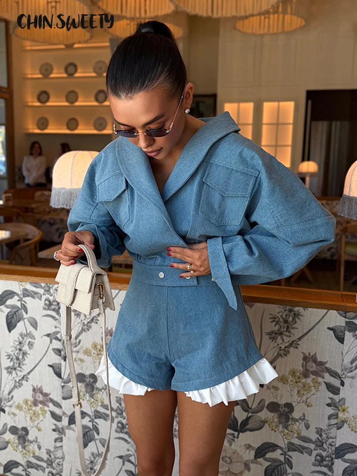 Fashion Ruffle Patchwork Womens Coat Shorts Suit Long Sleeve Lapel Crop Tops Lady Set 2026 Summer Autumn Chic Female Outfits 260916