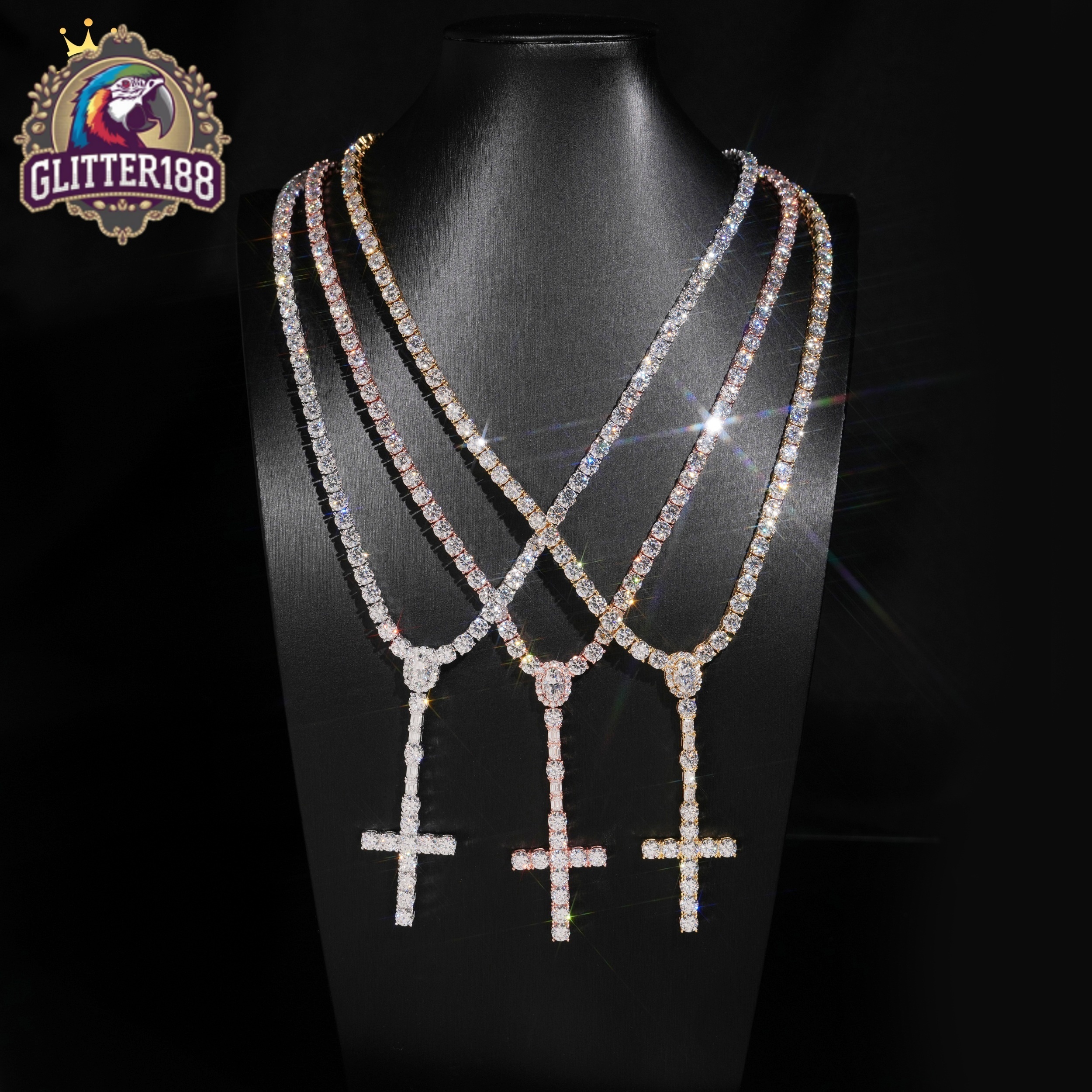 Hip Hop Jewelry 925 Sterling Silver Cross Style Moissanite Pendant Necklace VVS Moissanite Necklace Tennis Chain for Men