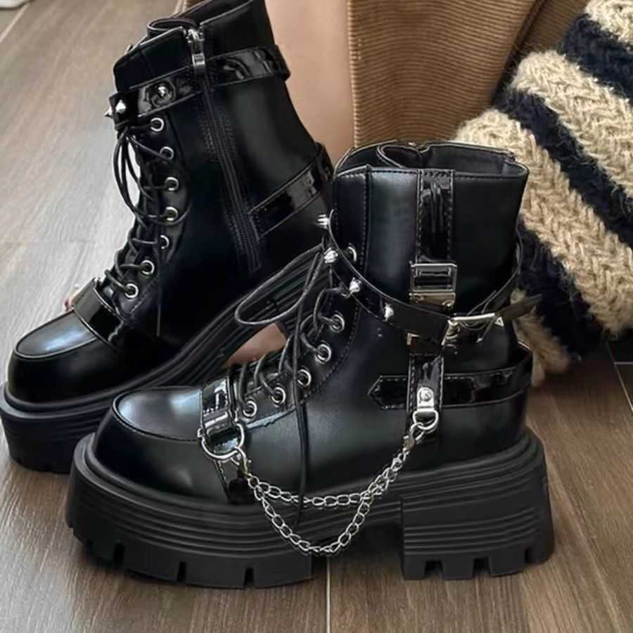 Punk Patent Leather Metal Chain Ankle Boots Women 2026 Winter Designer Chunky Platform Boots Woman Black Gothic Lolita Shoes D260917