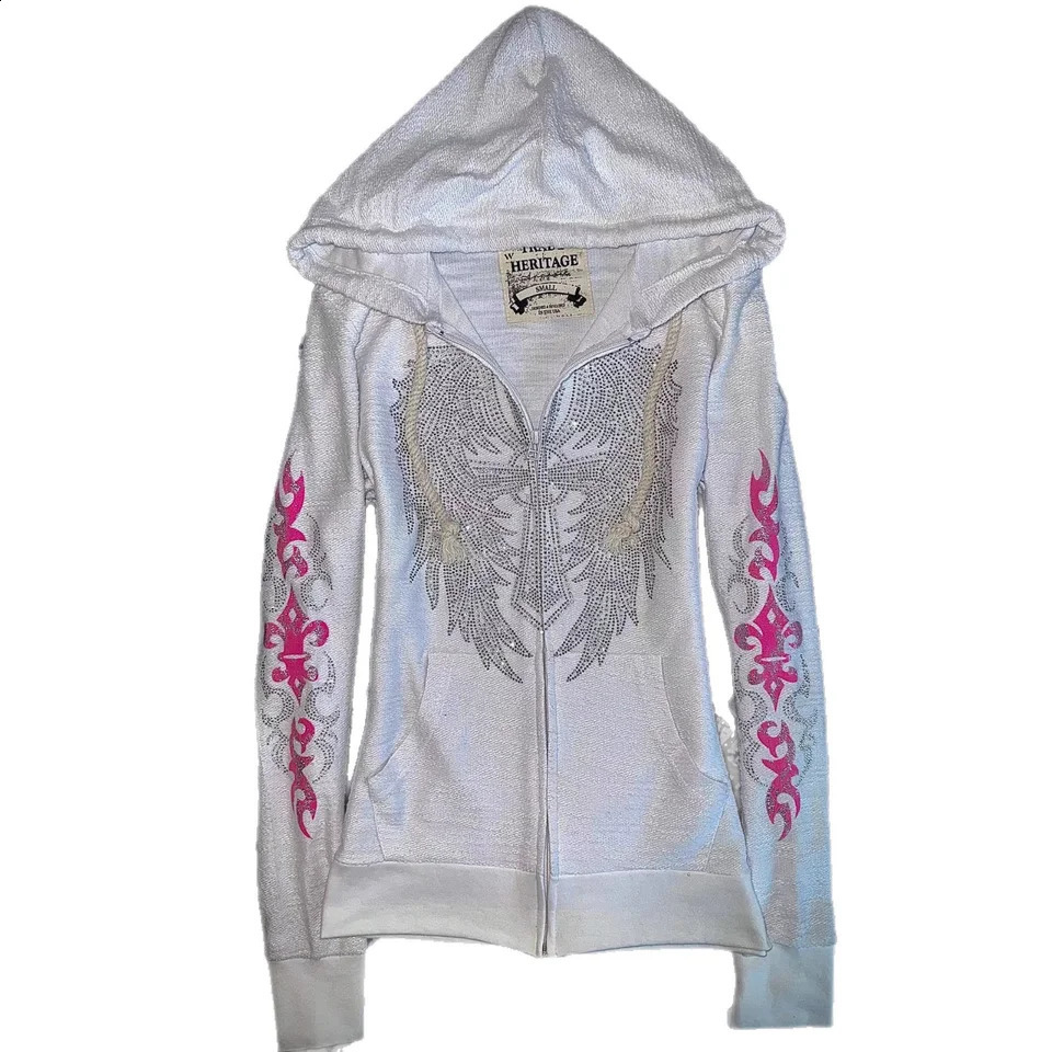 Y2K Vintage Rhinestone Hooded Jacket Women Silver Crystal Angel Wing Cross Zip Pink Flower Tribal Print Slim Fit Sweatshirt 260917