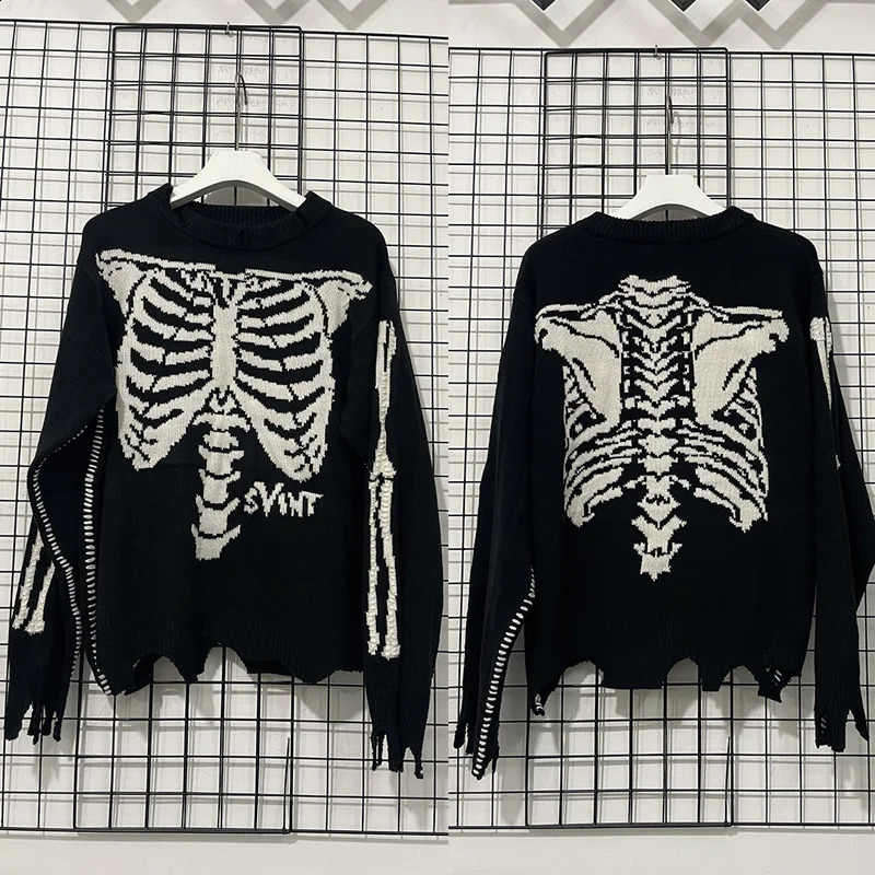 Hip Hop Skeleton Jacquard Saint Sweater Men Women High Quality Damaged Knitted Sweatshirts Black Crewneck Pullovers 260917