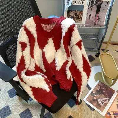 Women Sweet Pattern Sweater Korean Classic Vintage Plaided Knit Pullover Long SLeeve Faux Cashmere Loose Casual Jumpers J260916