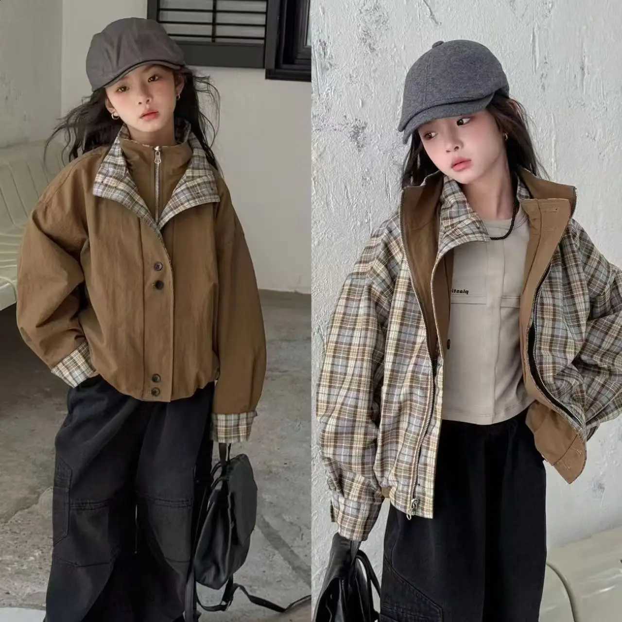 New Spring 2026 And Autumn Children's Checkered Splicing Coat Middle and Large Girls' Stormtrooper CoatT260916