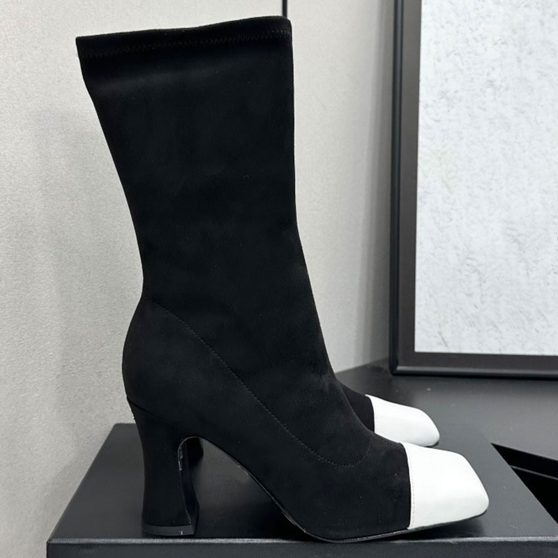 Fall Winter 2026 Short Boots Designer Womens Stretch Lambskin Patent Calfskin Square Head Elastic Boots Thick Heel Slimming Versatile Middle Boots D