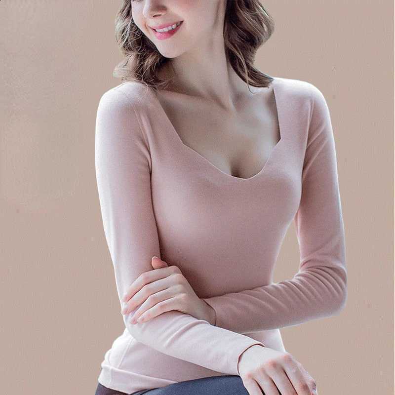 Double-sided German Velvet Long-sleeved T-shirt Women's Autumn and Winter Low-neck Thermal Underwear Bottoming Shirt Seamless H260916
