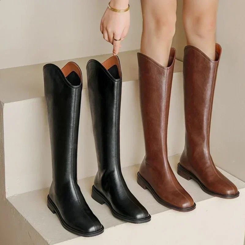 Women Kneehigh Boots Leather Natural Leather Ladies Bootie Autumn and Winter Velvet Western Boots Goth Shoes Long Botas 260917