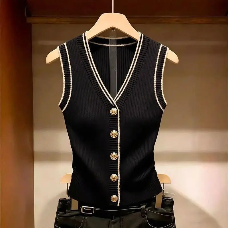 2026 Black Sweater Vest Tops Sleeveless Simple Contrast Color Women T Shirt Vneck Knitted Cardigan 260916