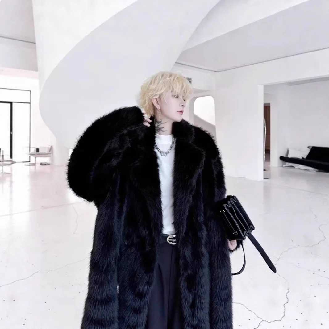 Faux Fur Jacket Coat Men Fur Solid Spliced Outerwear Winter Turn Down Collar Long Sleeve 2025 Overcoat High Street Loose W260915