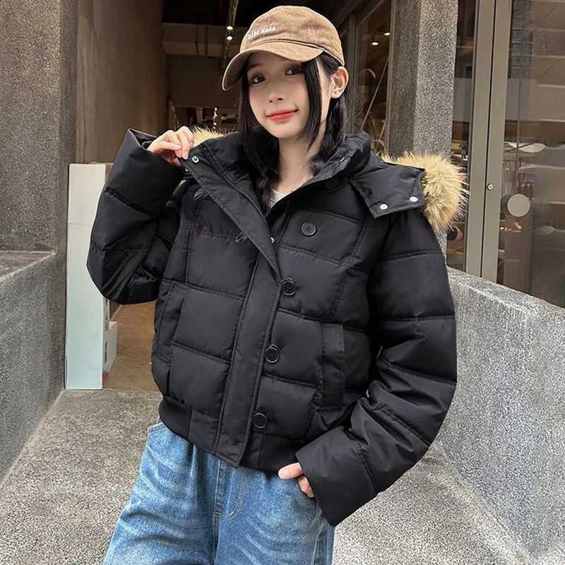 American Retro Hooded Padded Parkas with Faux Fur Collar Women Winter Thick Crop Cotton Jackets Woman Casual Solid Puffer Jacket H260917