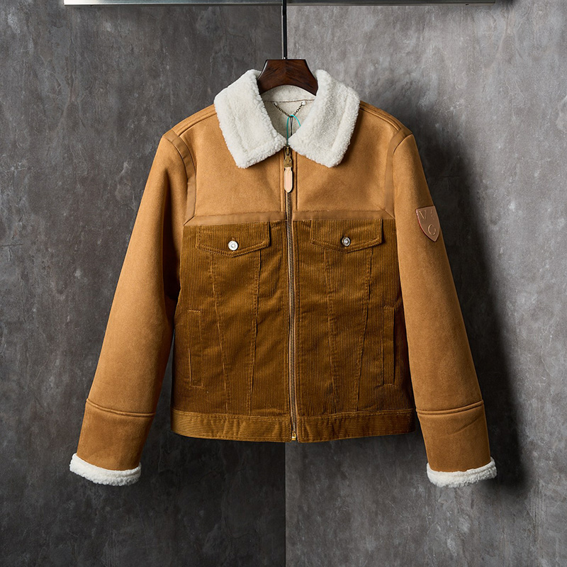 Designer Unisex Brown Truck Jacket Corduroy Suede Patchwork Fleece Coats Winter Warm Shearling Collar Coat