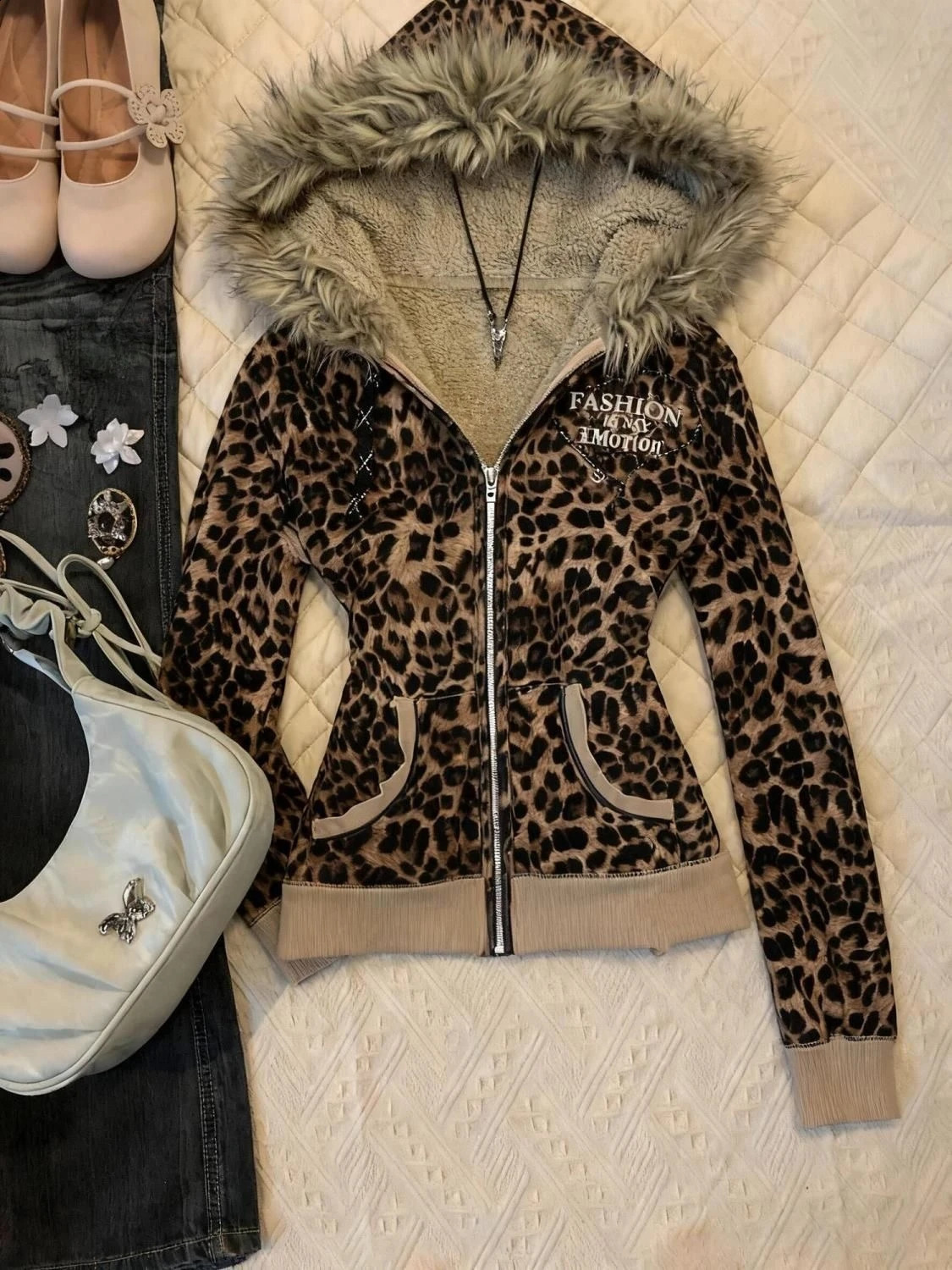 Y2K Girl Autumn Winter Harajuku Vintage Leopard Print Slim Fit Sweatshirt Women Gothic Fur Collar Zipper Long Sleeve Hoodie 260917