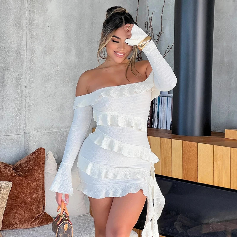 Autumn Pure Color One Shoulder Long Sleeve Splice Wood Grain Edge Sash Dress Elegant Women's Fashion European Style Dress 260917