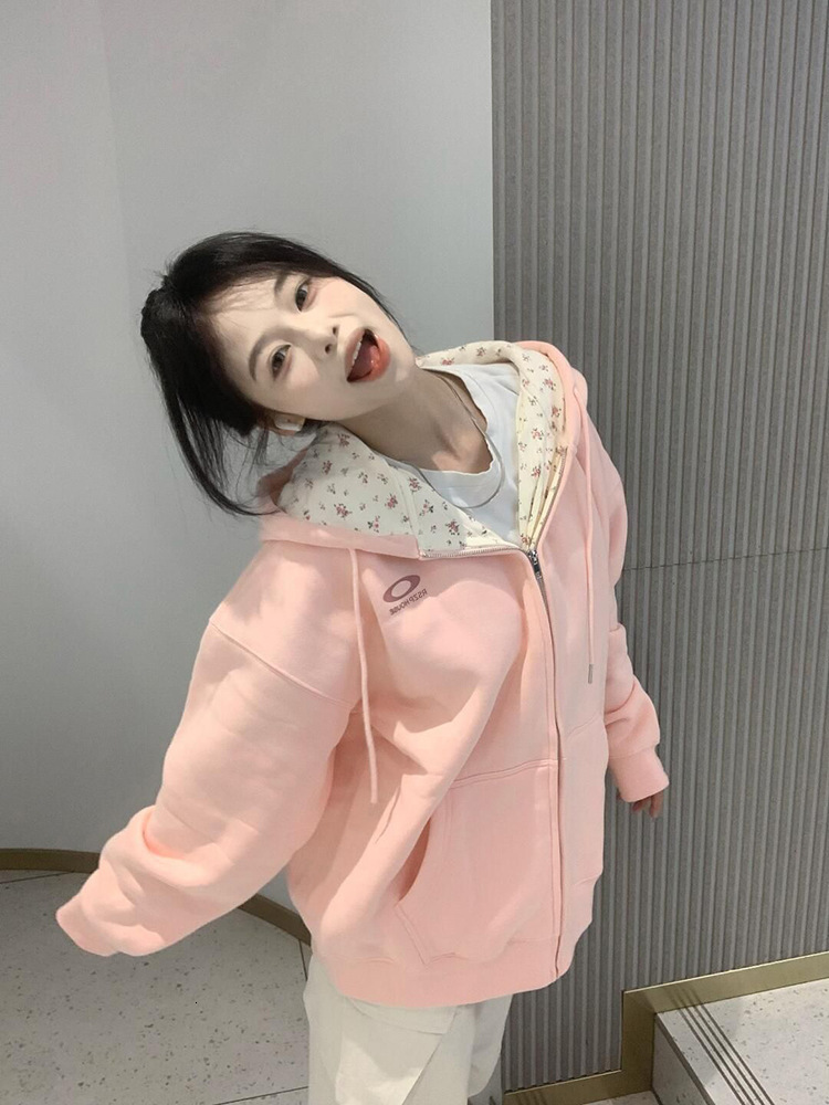 Pink floral print hooded sweatshirt jacket for women, autumn 2024 new style, color-blocked, loose-fitting, casual, chic, with zipper and a unique de
