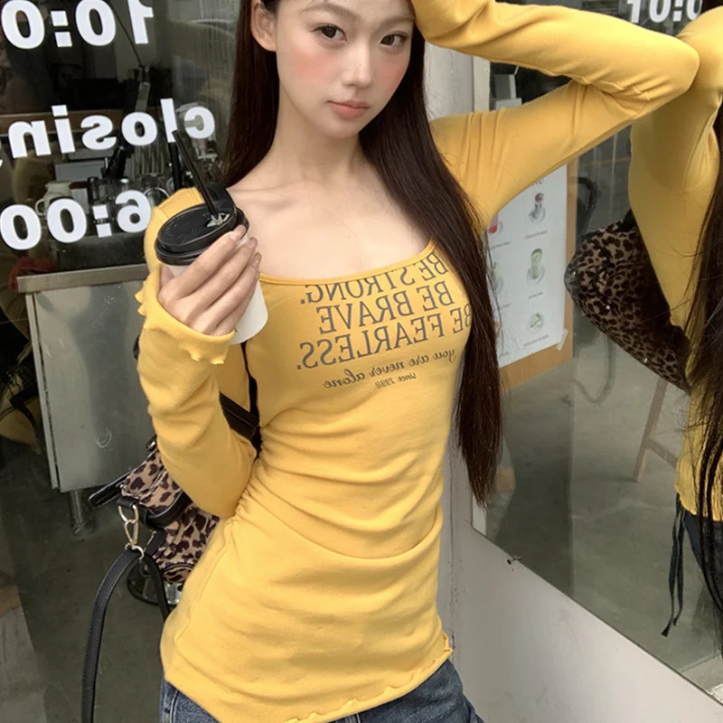 Kimotimo American Retro Letter Printing Long Sleeve Tshirts Women Autumn Slim Waist Base Tops Y2k Aesthetic Spicy Girl Tees 260916